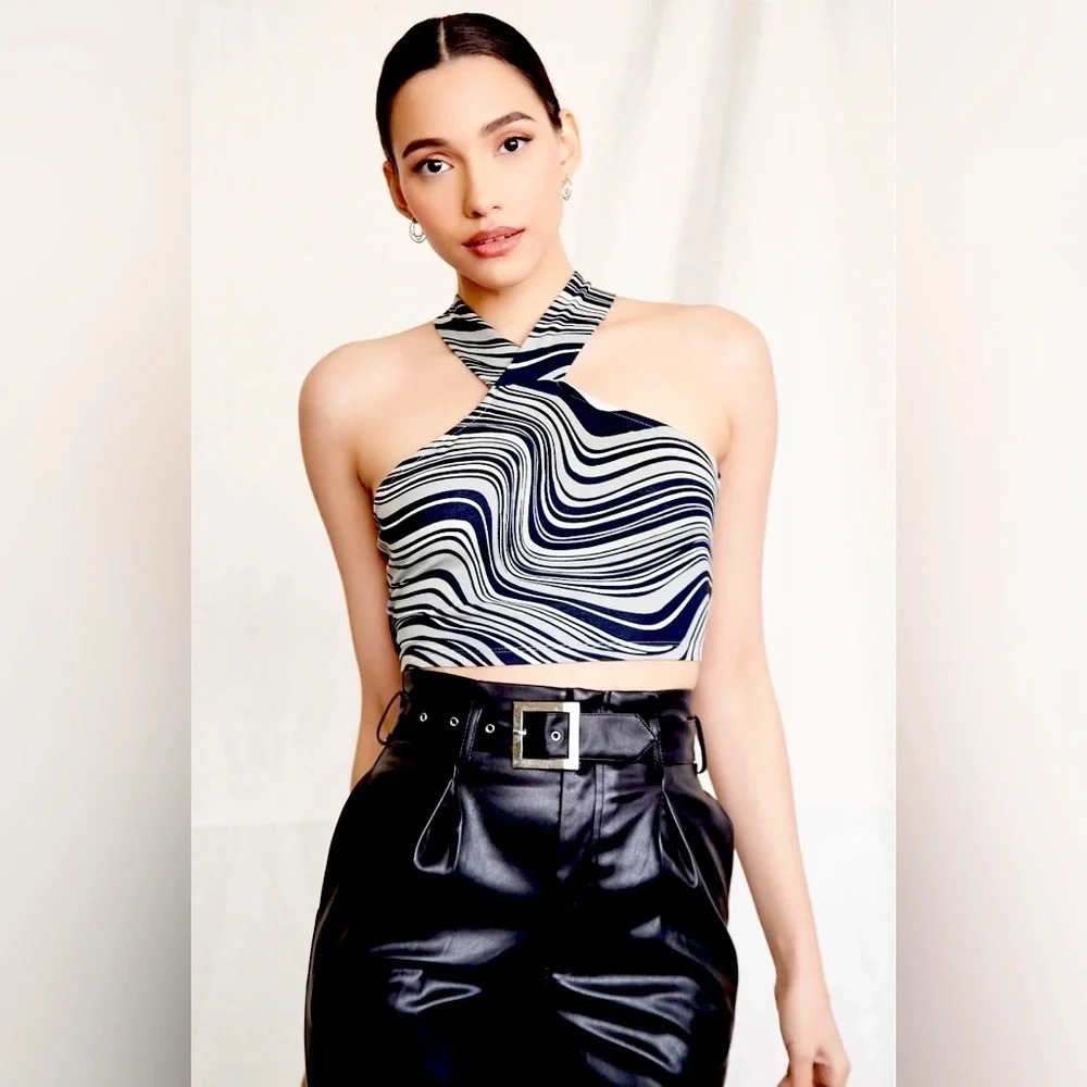 Y2K Marble Swirl Halter Crop Top Open Back Tie Neck Sleeveless Abstract Print S